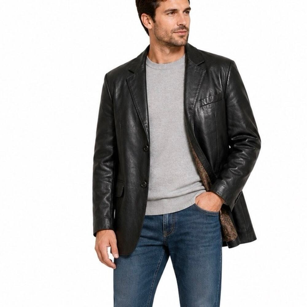 Cougar International Men’s Black Genuine Leather Blazer Jacket Paisley Lined L